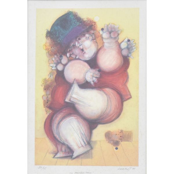 Rapoport, Alexandre (1929) `O prestidigitador`, litogravura – 47 x 33 cm MI e 74 x 60 cm ME. Assinado, datado 98 e numerado 27/75