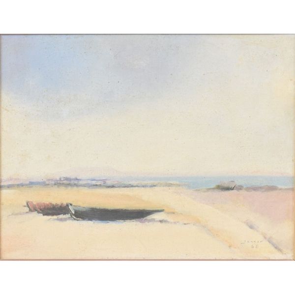 Domenico Lazzarini (1920 - 1987). `Barcos na praia`, o.st. – 26 x 34 cm MI e 47 x 54 cm ME. Assinado e data 1968 frente e verso