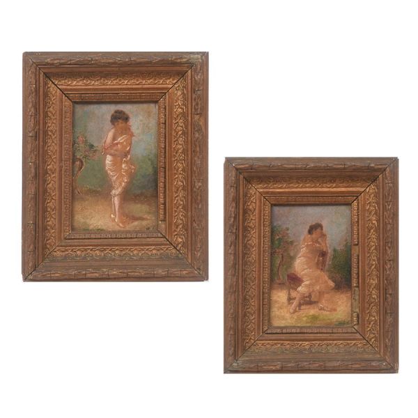 Escola europeia – sec. XIX. Pendant de quadros pintados sobre madeira `Figuras femininas`. Med. 14 x 10 cm MI e 22 x 18 cm ME.