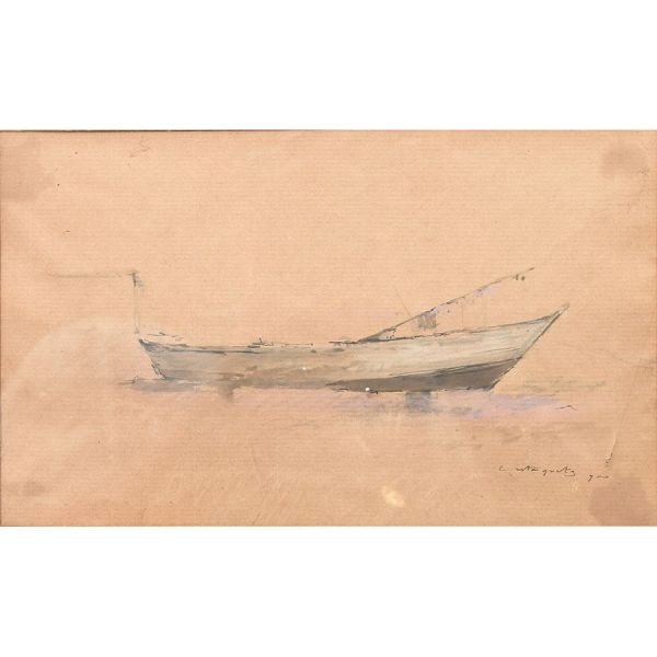 Giovanni Battista Castagneto (1851 1900) Barco, desenho aquarelado 13 x 21 cm MI e 23 x 31 cm ME. Assinado e datado 1900