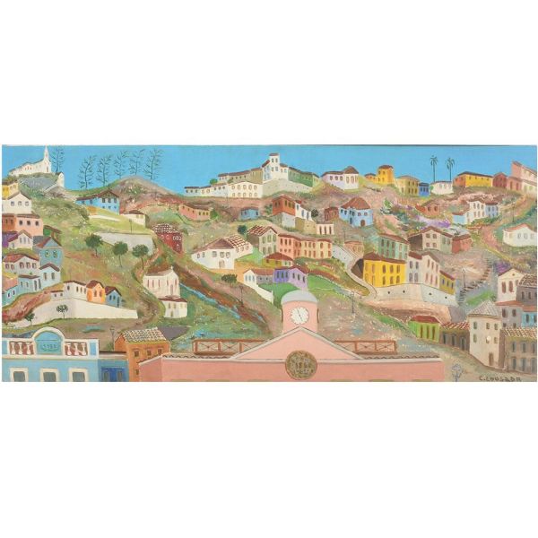 Carlos Lousada (1905 - 1984) `Morro do Pinto`, o.s.m. - 35 x 80 cm MI e 55 x 99 cm ME. No verso Galeria de Arte Ipanema