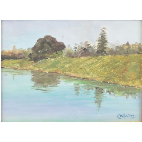 Moacir Calheiros `Paisagem com rio`, o.s.e. – 16 x 22 cm MI e 37 x 43 cm ME. Assinado. Certificado da Galeria Borghese