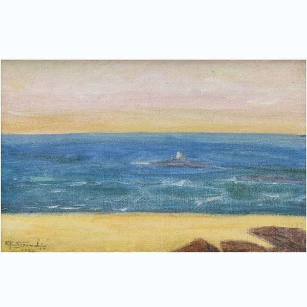 Sigaud, Eugênio (1899 - 1979) `Marinha`, o.s.t. – 16 x24 cm MI e 33 x 41 cm ME. Assinado e datado 1977 frente e verso