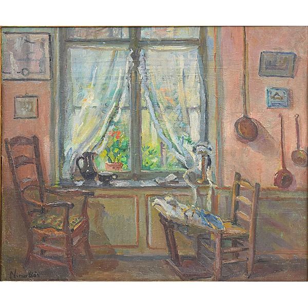 Anne Marie Nivouliès de Pierrefort (1879 - 1968) `Vista da janela`, o.s.t. - 45 x 54 cm MI e 71 x 80 cm ME. Assinado