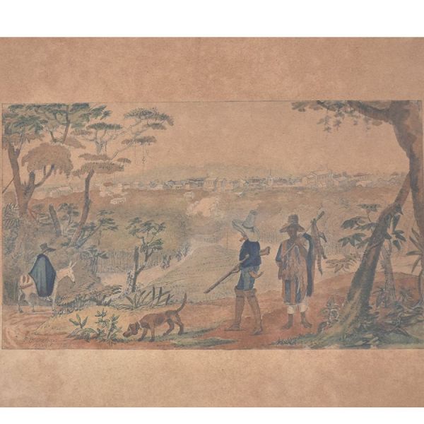 Gravura de Debret ` Vista da Vila de Itu, mostra região de São Paulo na época`. Med. 50 x 29 cm MI e 83 x 62 cm ME.