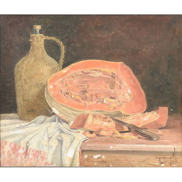 Edy Gomes Carôllo (1925 —2000) `Jarra e abóbora`, o.s.t. - 53 x 65 cm MI e 75 x 86 cm ME. Assinado e datado 1950