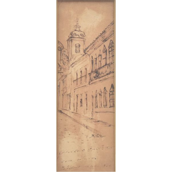 Desenho antigo sec. XIX de cidade histórica. Med. 41 x 14 cm MI e 58 x 30 cm ME. Assinado e com dedicatória.
