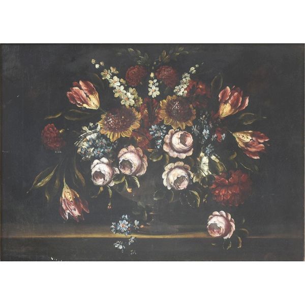 Escola europeia – sec. XIX `Flores`, o.s.m. – 76 x 105 cm MI e 96 x 123 cm ME. Assinado com iniciais FC