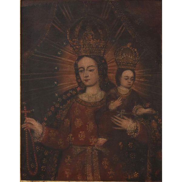 Escola cusquenha – sec. XVIII/`XIX `Santana e Nossa Senhora`, o.s.t. - 71 x 54 cm MI e 103 x 86 cm ME.