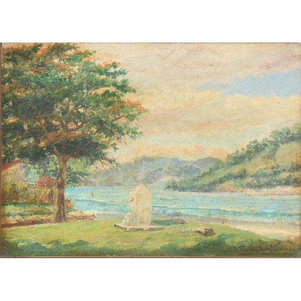 Funchal Garcia (1889 – 1979`, `Paisagem com marinha`, o.s.e. - 25 x 35 cm MI e 41 x 50 cm ME. Assinado