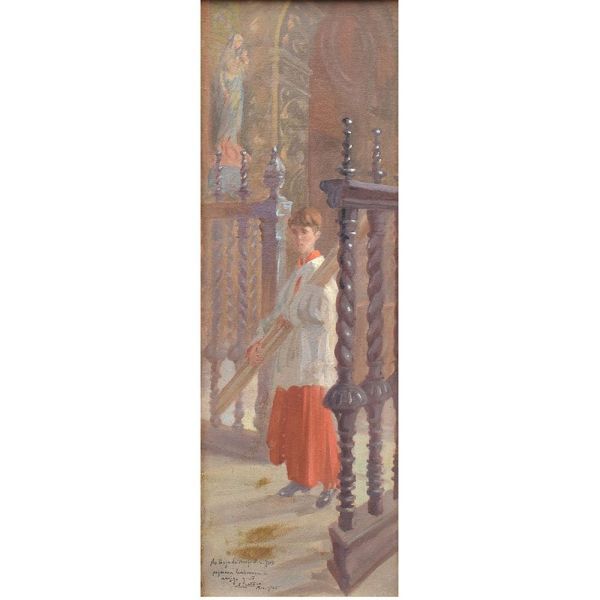 Eugênio Latour (1874 —1942) `Coroinha`, o.s.t. - 53 x 18 cm MI e 56 x 20 cm ME. Assinado e datado 1925