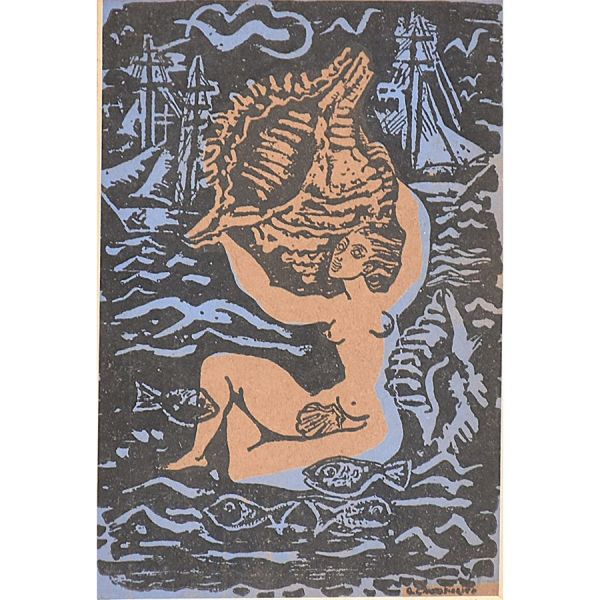 Quirino Campofiorito (1902 —1993) `Marinha com nu feminino`, gravura – 15 x 11 cm MI e 25 x 20 cm ME.
