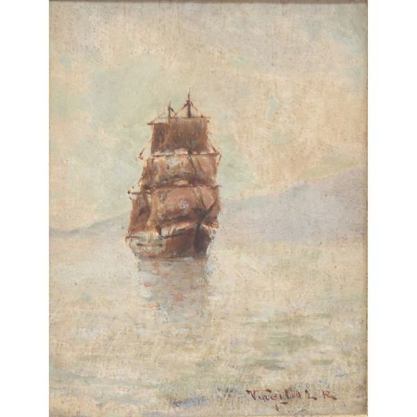 Virgílio Lopes Rodrigues (1863 – 1944) `Embarcação`, o.s.m. - 16 x 12 cm MI e 37 x 34 cm ME. Assinado