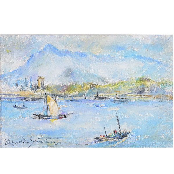 Manoel Santiago (1897 - 1987) `Marinha com barcos`, o.s.t. – 22 x 33 cm MI e 34 x 45 cm ME. Assinado