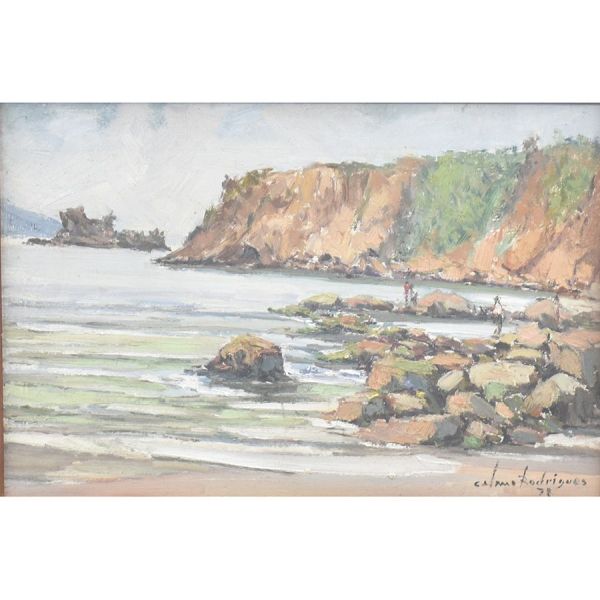 Celmo Rodrigues (1930 —2000 ) `Marinha com figuras`, o.s.m. – 26 x 40 cm MI e 5 x 68 cm ME. Assinado