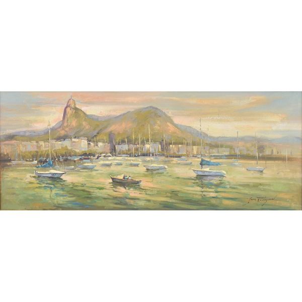 Sousa Rodrigues `Vista da Urca`, o.s.t. - 40 x 100 cm MI e 64 x 123 cm ME. Assinado frente e verso