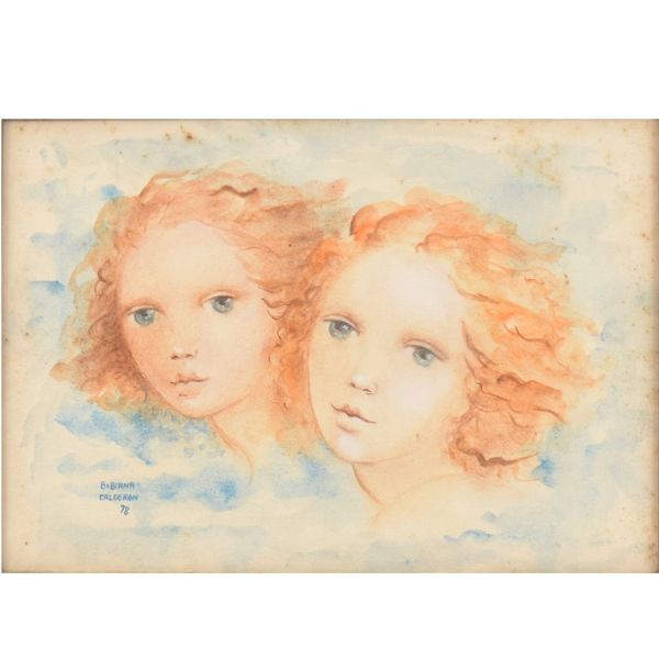 Bibiana Calderon (1949) `Crianças`, aquarela – 25 x 35 cm MI e 50 x 60 cm ME. Assinado e datado 78