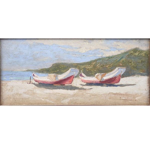 Virgílio Lopes Rodrigues (1863 – 1944) `Barcos`, o.s.m. - 10 x 22 cm MI e 40 x 53 cm ME. Assinado