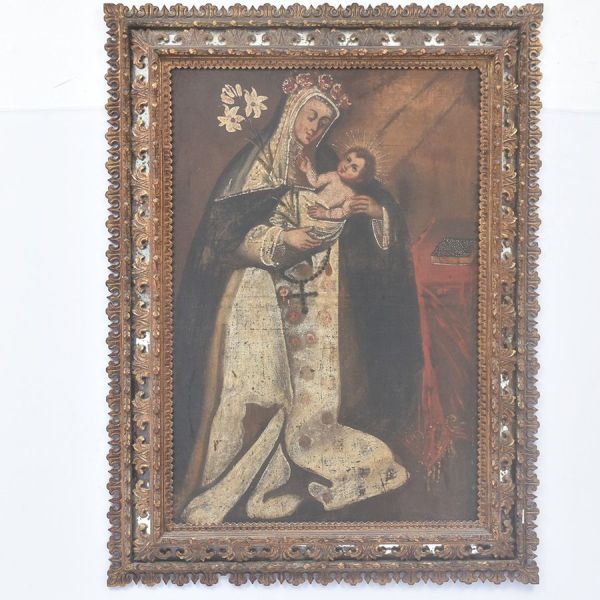 Escola cusquenha – sec. XIX `Nossa Senhora e menino`, o.s.t. - 110 x 75 cm MI e 140 x 105 cm ME.