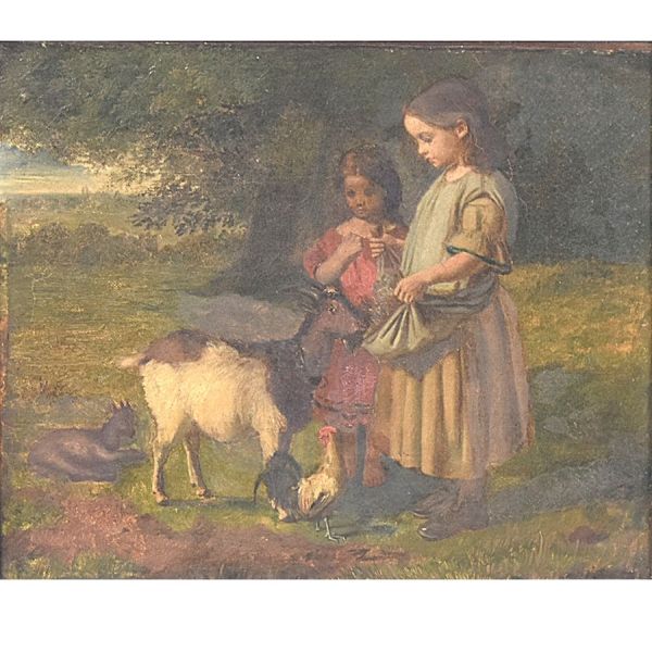 Escola europeia – sec. XIX `Crianças`, o.s.t. colado em Eucatex – 24 x 30 cm MI e 38 x 43 cm ME.
