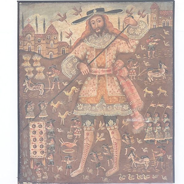 Escola cusquenha – sec. XIX `Santo Isidro Lavrador`, o.s.t. – 92 x 78 cm. Não acompanha moldura.