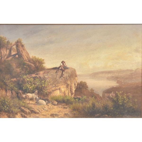 Escola europeia – sec. XIX `Cena campestre`, o.s.t. - 57 x 87 cm MI e 85 x 116 cm ME. Assinado