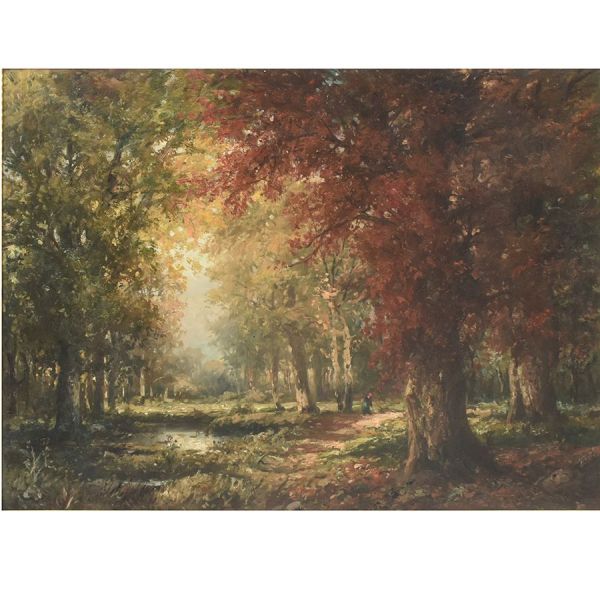 Escola europeia – sec. XIX `Floresta com riacho`, o.s.t. - 74 x 100 cm MI e 102 x 127 cm ME.