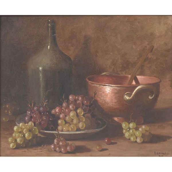 Domingos Gemelli (1903–1985) `Uvas e vinho`, o.s.t. - 50 x 61 cm MI e 67 x 79 cm ME. Assinado