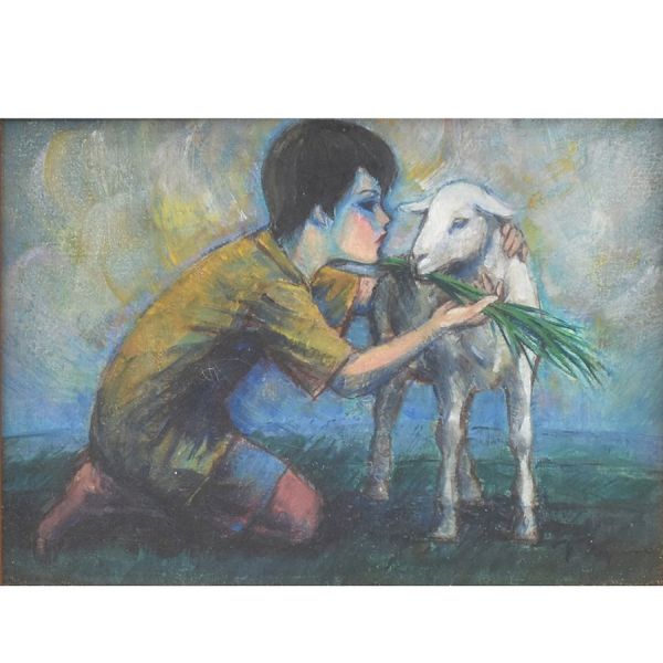 José Bezerra (1939) `Menino e carneiro`, o.s.t. - 16 x 22 cm MI e 34 x 41 cm ME. Assinado
