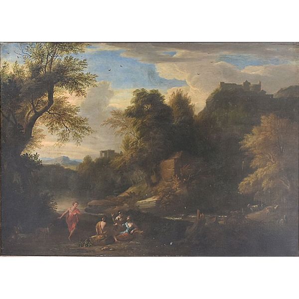 Escola europeia sec. XVIII Pastores e paisagem o.s.t. 94 x 131 cm MI e 116 x 154 cm ME.