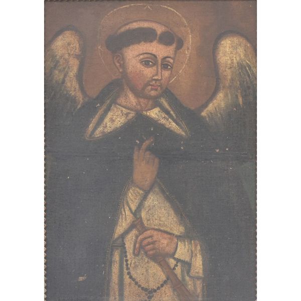 Escola cusquenha – sec. XIX `São Vicente Ferrer`, o.s.t. – 79 x 56 cm MI e 107 x 84 cm ME.