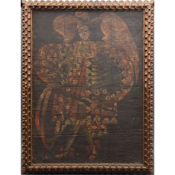 Escola cusquenha – sec. XIX `Arcanjo Miguel`, o.s.t. - 100 x 73 cm MI e 112 x 85 cm ME.
