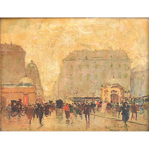 Rômulo Lioni – sec. XIX `Cena urbana`, o.s.m. – 19 x 24 cm MI e 38 x 44 cm ME. Assinado