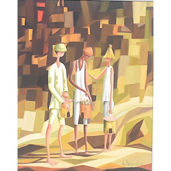 Armando Amorim `Figuras e casario`, o.s.t. - 50 x 40 cm MI e 87 x 76 cm ME. Assinado