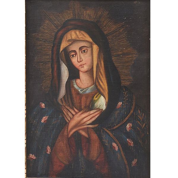 Escola cusquenha – sec. XIX `Nossa Senhora`, o.s.t. - 78 x 55 cm MI e 95 x 70 cm ME.
