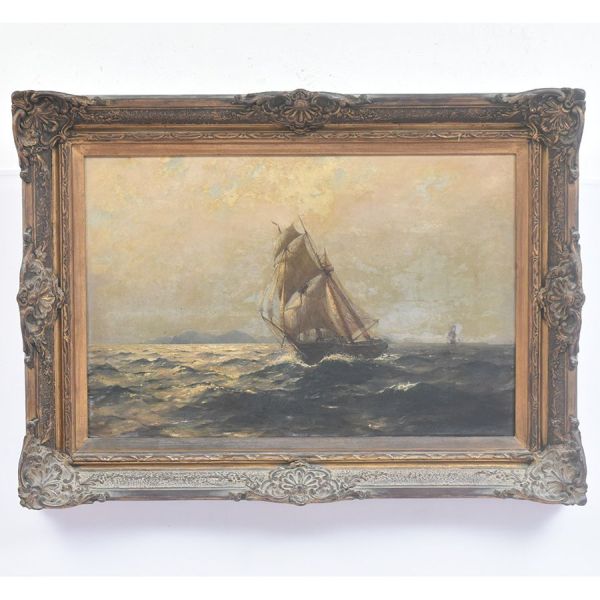 Escola europeia – sec. XIX. `Embarcação`, o.s.t. - 53 x 80 cm MI e 73 x 100 cm ME.