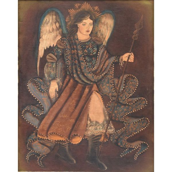 Escola cusquenha – sec. XIX `Arcanjo`, o.s.t. - 87 x 69 cm MI e 105 x 87 cm ME.