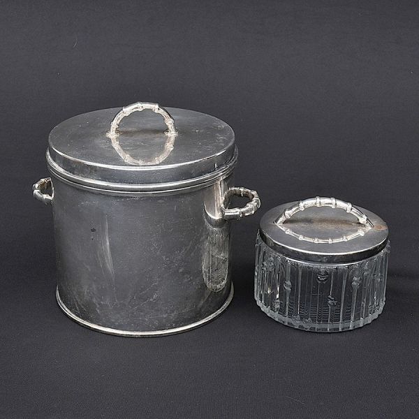 St James . Balde térmico para gelo e bomboniere modelo bambu. Alt. 18 e 9 cm.