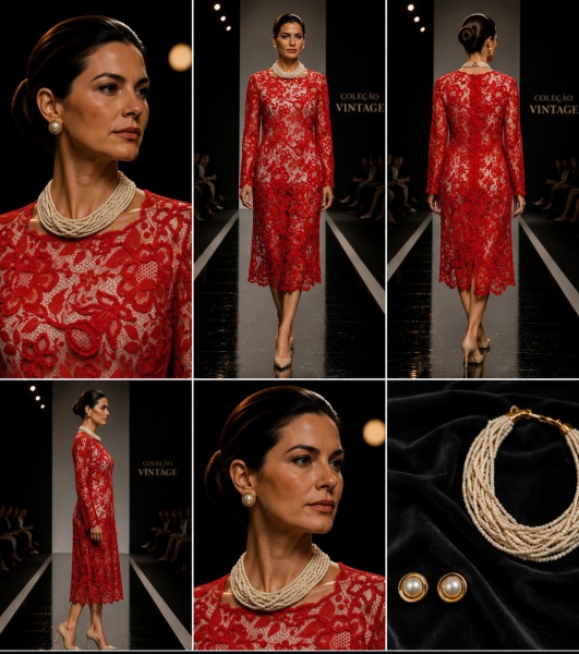 Vestido confeccionado em renda guipure vermelha com exuberante padrão floral vazado. Apresenta model