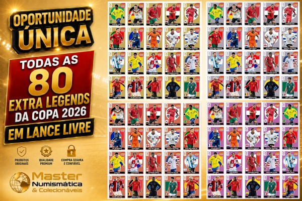 2026 - KIT 80 EXTRA LEGENDS - KIT COMPLETO com as 80 Extra Legends 2026 - 20 OURO - 20 PRATA - 20 BRONZE E 20 LILÁS, 100% Original e todas no Sleeve. as 4 Legends de todos os jogadores: Vini Jr, Lionel Messi, Cristiano Ronaldo, Kylian Mbappe, Erling Haaland, Lamine Yamal, Luka Modric, Alphonso Davies, Jude Bellingham, Mosés Caicedo, Achraf Hakimi, Jeremy Doku, Luis Dias, Cody Gakpo, Raul Jimenez, Christian Pulisic, Mohamed Salah, Florian Wirtz,  Federico Valverde e Heung-Min Son. Rarissimo,