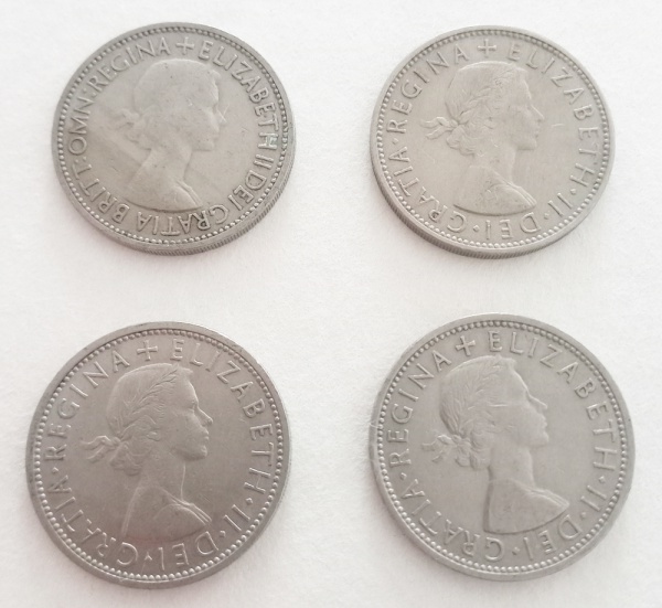 GM037, REINO UNIDO - 4 MOEDAS - TWO SCHILLINGS - ANO 1953 / 1963 / (2) 1966 - CUPRONÍQUEL.