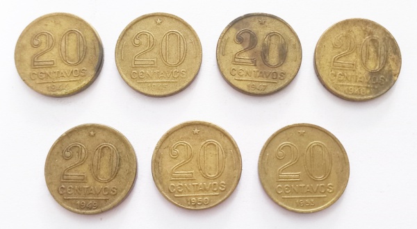 GM037, BRASIL - 7 MOEDAS - 20 CENTAVOS - ANO 1944 / 1945 / 1947 / 1948 / 1949 / 1950 / 1953 - ALUMINIO-BRONZE.