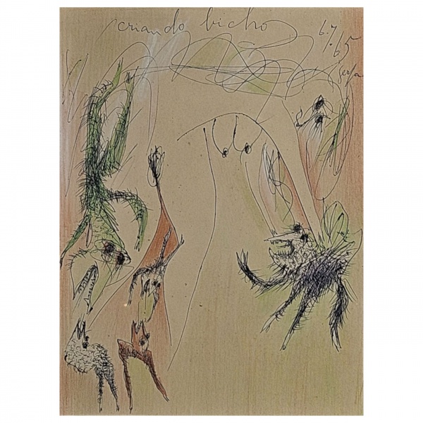 Ivan Serpa. Criando bicho - desenho a grafite e lápis de cor - 27,5 x 21,5 cm - assinado e datado no c.s.d. 65.