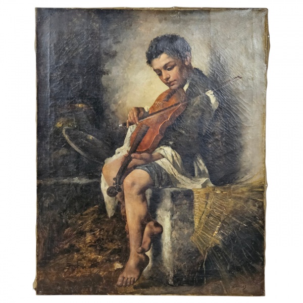 MODESTO BROCOS. Menino e violino - 64 x 79 cm - assinado no c.i.d. (No estado, necessita restauros).