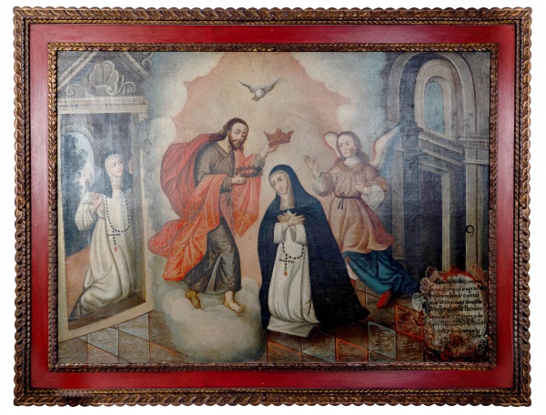 Escola Cusquenha. "A Escolha de Santa Catarina de Siena". Óleo sobre tela. 117 x 166 cm. Emo