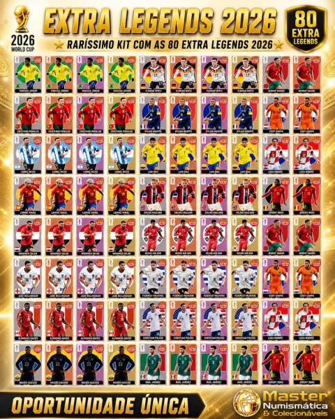 2026 - KIT 80 EXTRA LEGENDS - KIT COMPLETO com as 80 Extra Legends 2026 - 20 OURO - 20 PRATA - 20 BRONZE E 20 LILÁS, 100% Original e todas no Sleeve. as 4 Legends de todos os jogadores: Vini Jr, Lionel Messi, Cristiano Ronaldo, Kylian Mbappe, Erling Haaland, Lamine Yamal, Luka Modric, Alphonso Davies, Jude Bellingham, Mosés Caicedo, Achraf Hakimi, Jeremy Doku, Luis Dias, Cody Gakpo, Raul Jimenez, Christian Pulisic, Mohamed Salah, Florian Wirtz,  Federico Valverde e Heung-Min Son. Rarissimo,