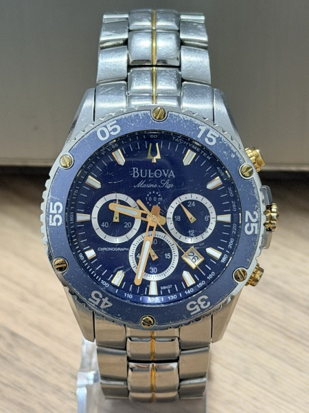 Lote 58 Bulova Marine Star Chronograph, quartz, mostrador azul com três subdials, ... Valor inicial: