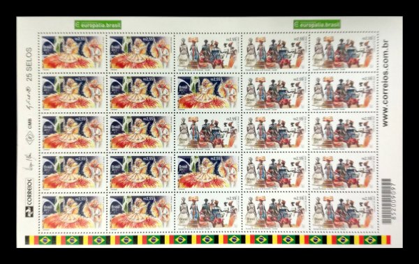 Folha de selos MINT Brasil 2011, tema cultura e carnaval, valor facial R$ 2,55, contendo 25 selos em