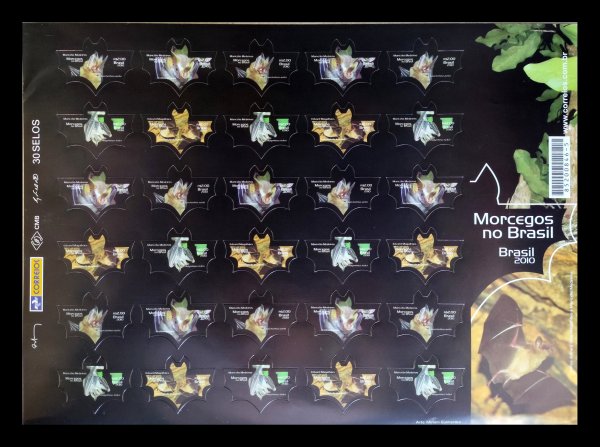 Folha MINT...MINT..MINT, Brasil, tema Morcegos no Brasil, 2010, valor facial R$ 2,00, 30 selos, sem