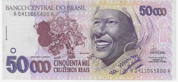 Cédula do Brasil - 50 Mil Cruzeiros Reais - 1994 - BAIANA - Cat. AI C240 - FE - Muito procurada! LANCE LIVRE
